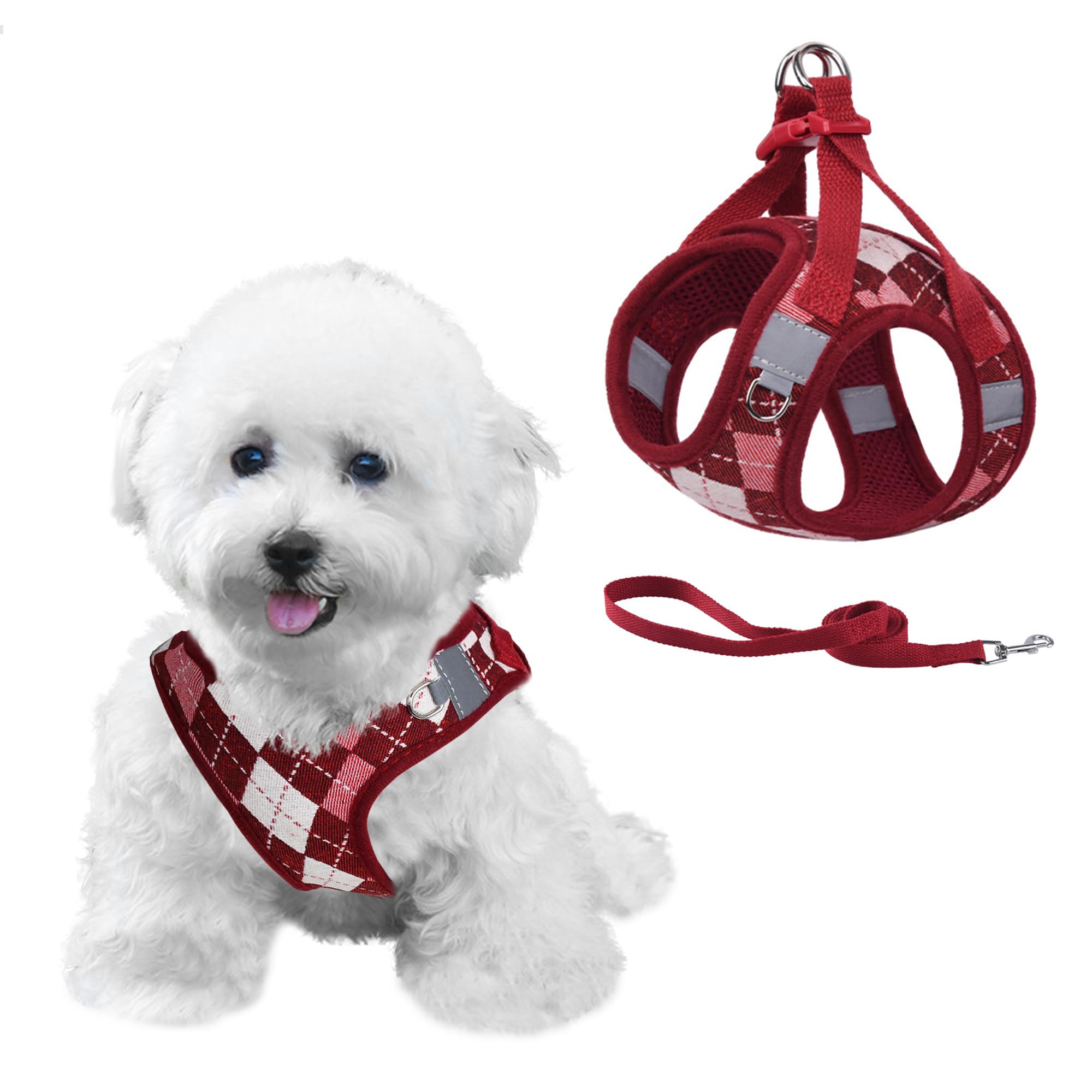 PawSailor Step-in Dog Harness Small Dog No Pull Puppy Harness Adjustable Reflective Plaid Easy Walk Lightweight Soft Mesh Pet Vest Harnesses with Lead for Puppies, Small Dogs, Cats, Red 2XS