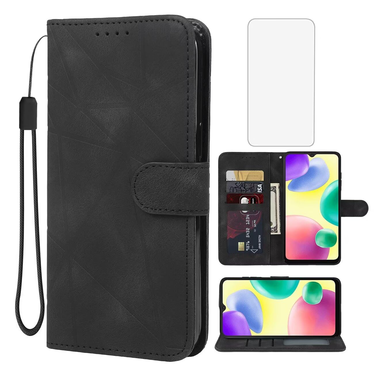 Wanyuexes Case for Xiaomi Redmi 9C/Redmi 10A/Redmi 9C NFC/Redmi 9 Activ Wallet Case with Tempered Glass Screen Protector, Leather Flip Credit Card Holder Stand Phone Cover for Xiaomi Redmi 9C Black
