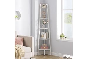 Hoctieon Corner Shelf, 5-Tier Corner Bookshelf, Rustic Ladder Shelf, Industrial Display Stand for Living Room, Kitchen, Home Office, Balcony, Small Space, Metal Frame, White