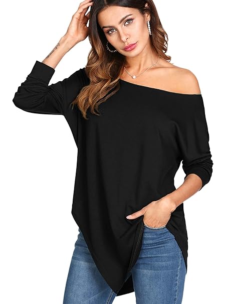 DIDK Damen 3/4 Arm T-Shirt One-Shoulder Larngarmshirts Einfarbig Asymmetrisch Oberteil Tunika Tops