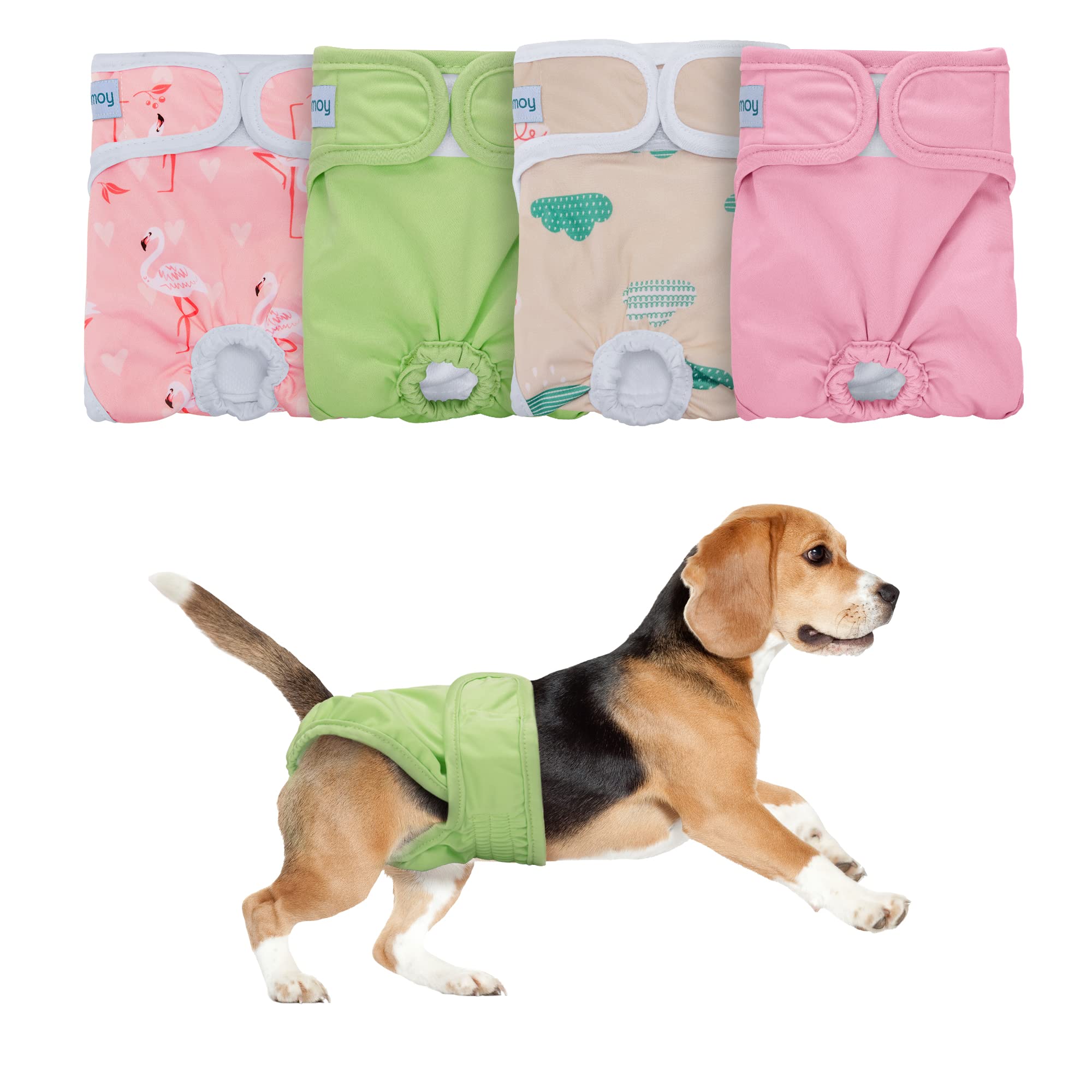 Teamoy 4 Pack Reusable Female Dog Diaper, Washable Doggie Diaper Nappies for Female Dogs, Super Absorbent Sanitary Wraps Panties (XS,Pink +Green +Cloud +Flamingo)