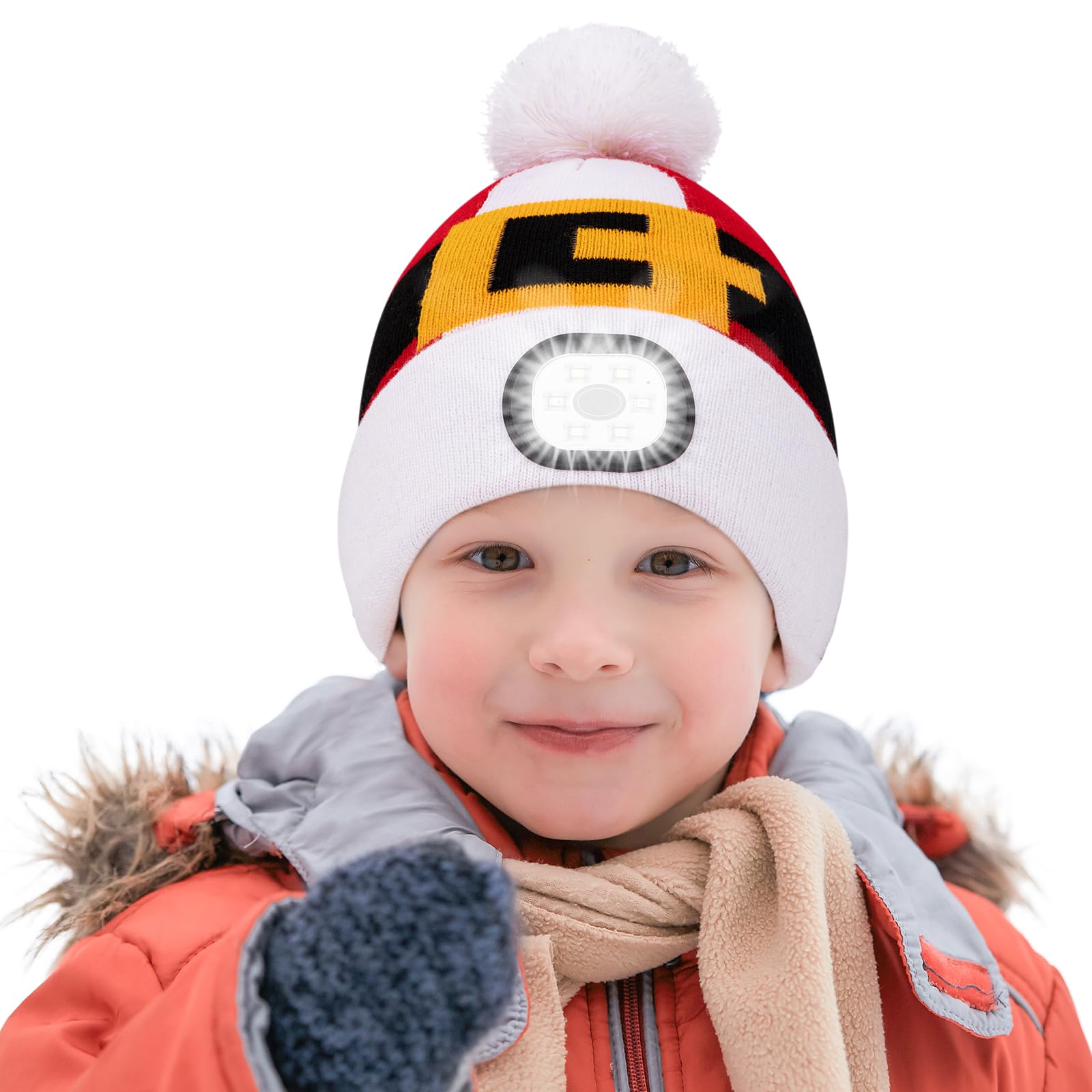 AYPOW Kids Lighted Beanie Cap, Lighting & Flashing Alarm Modes USB Rechargeable LED Headlamp Hands Free Headlight, Winter Warm Knit Light Up Hat, for Boys Girls Running Hiking Camping