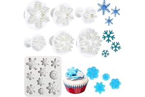 Patelai 7 Pcs Snowflake Mold Set, Include 6 Pcs Snowflake Fondant Cutters and 3D Silicone Molds, Plunger Cookies Cutters for Candy Chocolate Winter Party, Polymer Clay DIY Project