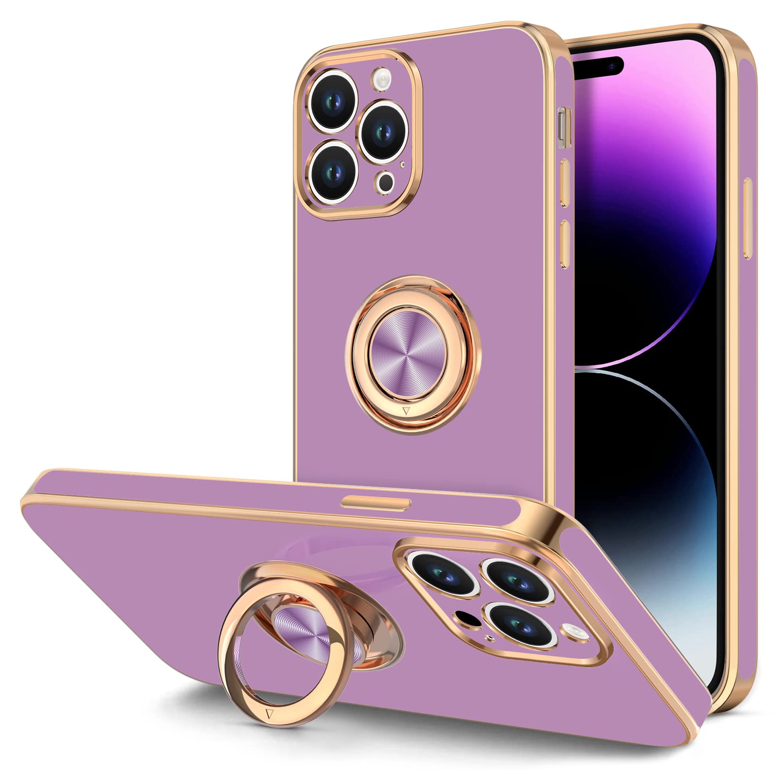 Hython for iPhone 14 Pro Case with Ring Stand [360° Rotatable Ring Holder Magnetic Kickstand] [Support Car Mount] Plated Gold Edge Soft TPU Luxury Shockproof Protective Phone Case Cover, Purple