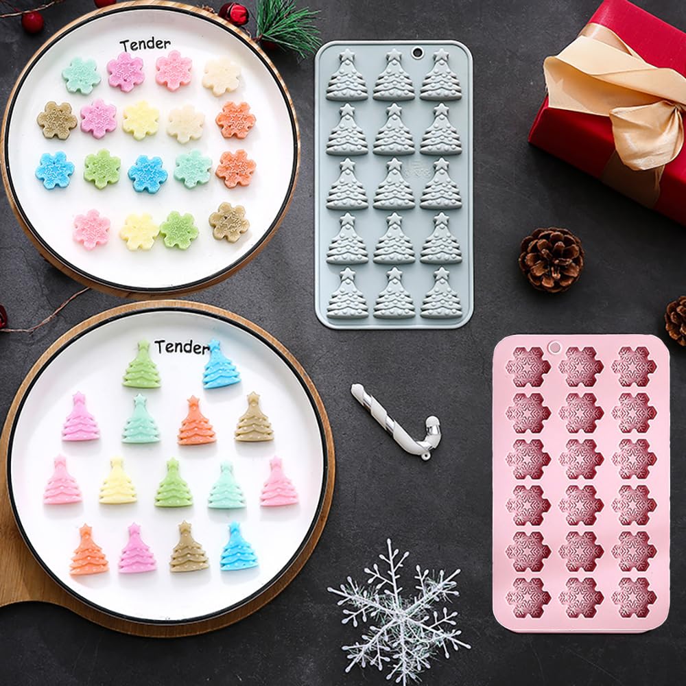 2 Pcs Christmas Chocolate Molds Snowflake Candy Mold Mini Xmas Tree Silicone Mould Christmas Baking Molds for Jello, Candy Cane, Ice Cube, Gummy, Biscuit