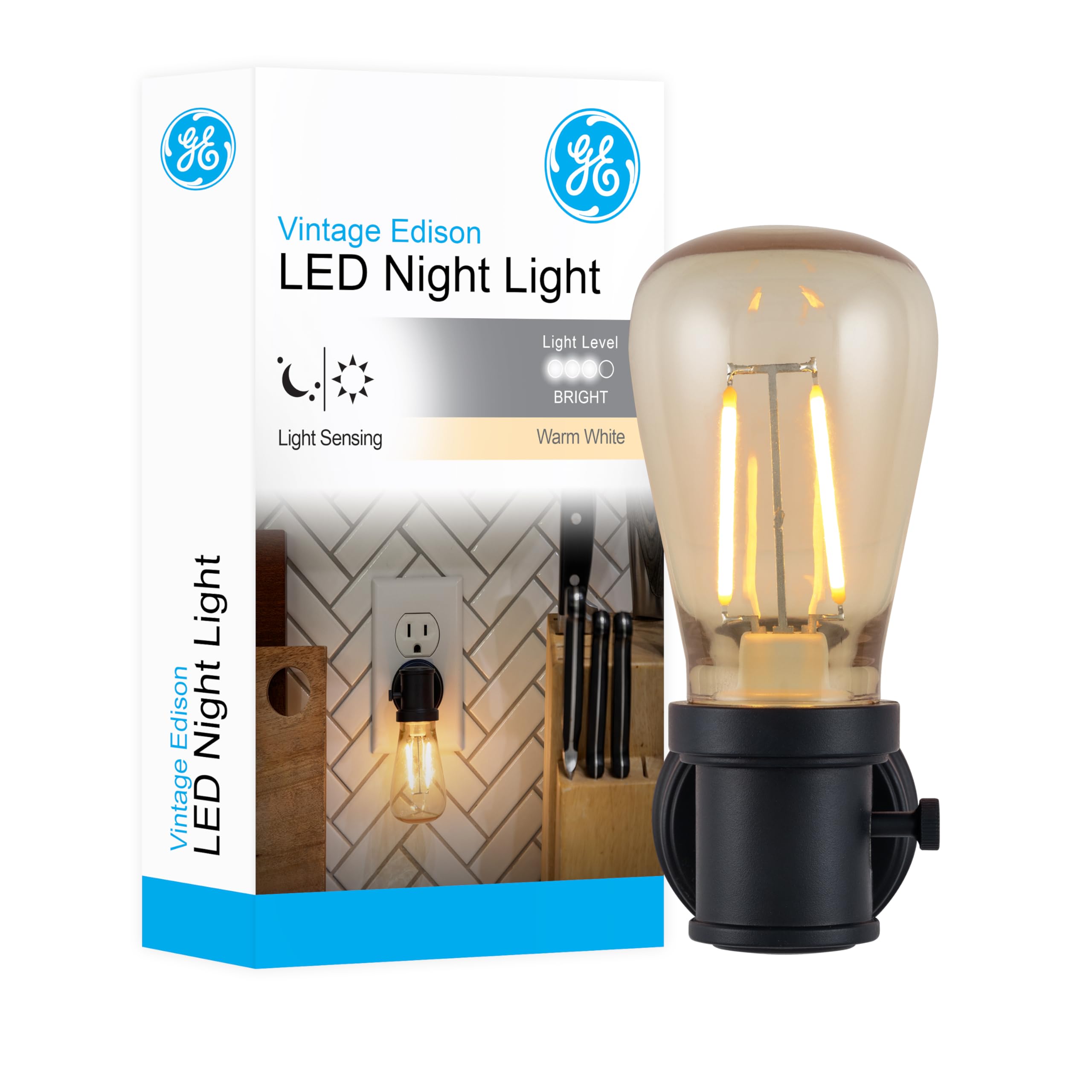Photo 1 of GE Vintage LED Edison Night Light, Plug-in, Dusk to Dawn Sensor, Farmhouse Decor, Mood Lighting, Home Decor, Ambient Lighting, LED Lights for Bedroom, Bathroom, Kitchen, Hallway, Black, 1 Pack, 64346