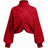 CIDER Cropped Sweaters for Women Turtleneck Sweater Long Sleeve Ribbed Knit Lantern Sleeve Pullover Fall Outfits