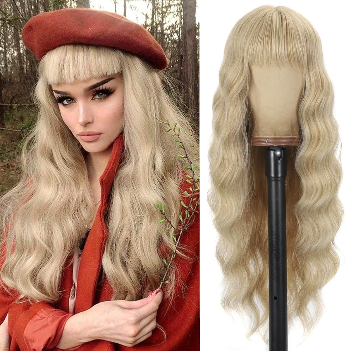 YEESHEDO Light Blonde Wig for Women Girl Long Fancy Dress Wig with Fringe Wavy Heat Resistant Synthetic Hair Wig for Cosplay Party