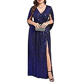 ZOMVA Plus Size Sequin Formal Dress Maxi Sparkly Glitter Cape Sleeve Prom Evening Gown Gala Dress