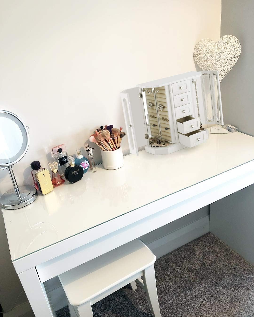 RR ROUND RICH DESIGN Jewelry Box - Made of Solid Wood with Cabinet Type 5 Drawers Organizer and 2 Separated Open Doors on 2 Sides and Large Mirror White: Home & Kitchen