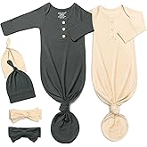 Baby Noah Newborn Knotted Gown Set with Hat and Headband, Soft Tie Bottom Newborn Sleepers for Baby Girl Boy (2 Packs)