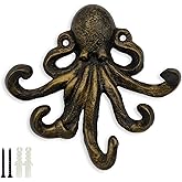 HERNGEE Octopus Cast Iron Wall Hook – Nautical Decorative Key Holder, Coastal Ocean Theme Animal Hook for Entryway, Bathroom, or Bedroom, Heavy Duty Antique Bronze