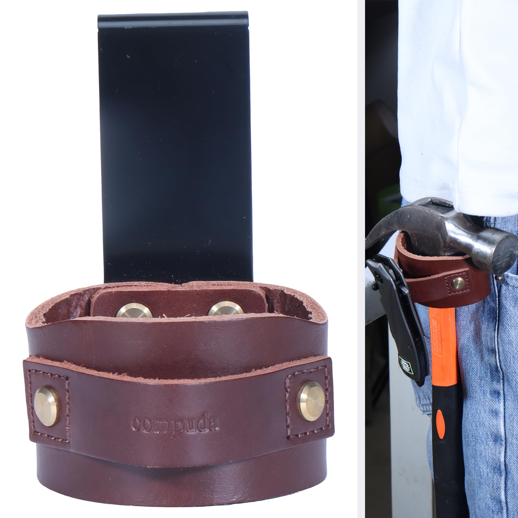 Quipuda Hammer Holder for Tool Belt, Axe and Tape Measure Holster Loop Clip, Full Genuine Leather (Brown)