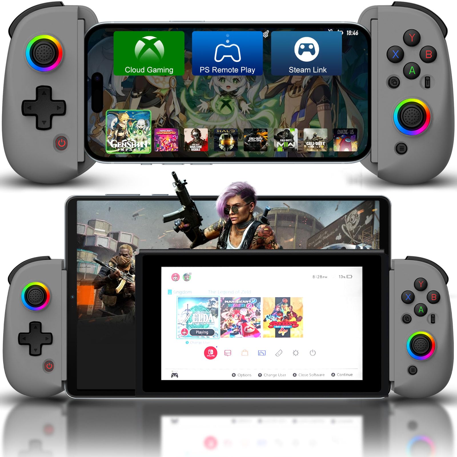 Joso Phone Controller for iPhone/iPad/Android/Tablet, D8 Controller for Switch/PS/PC with Hall Effects Joysticks Play COD, Genshin Impact, Android Handles, Cloud Gaming/Remote Play, Emulators Grey