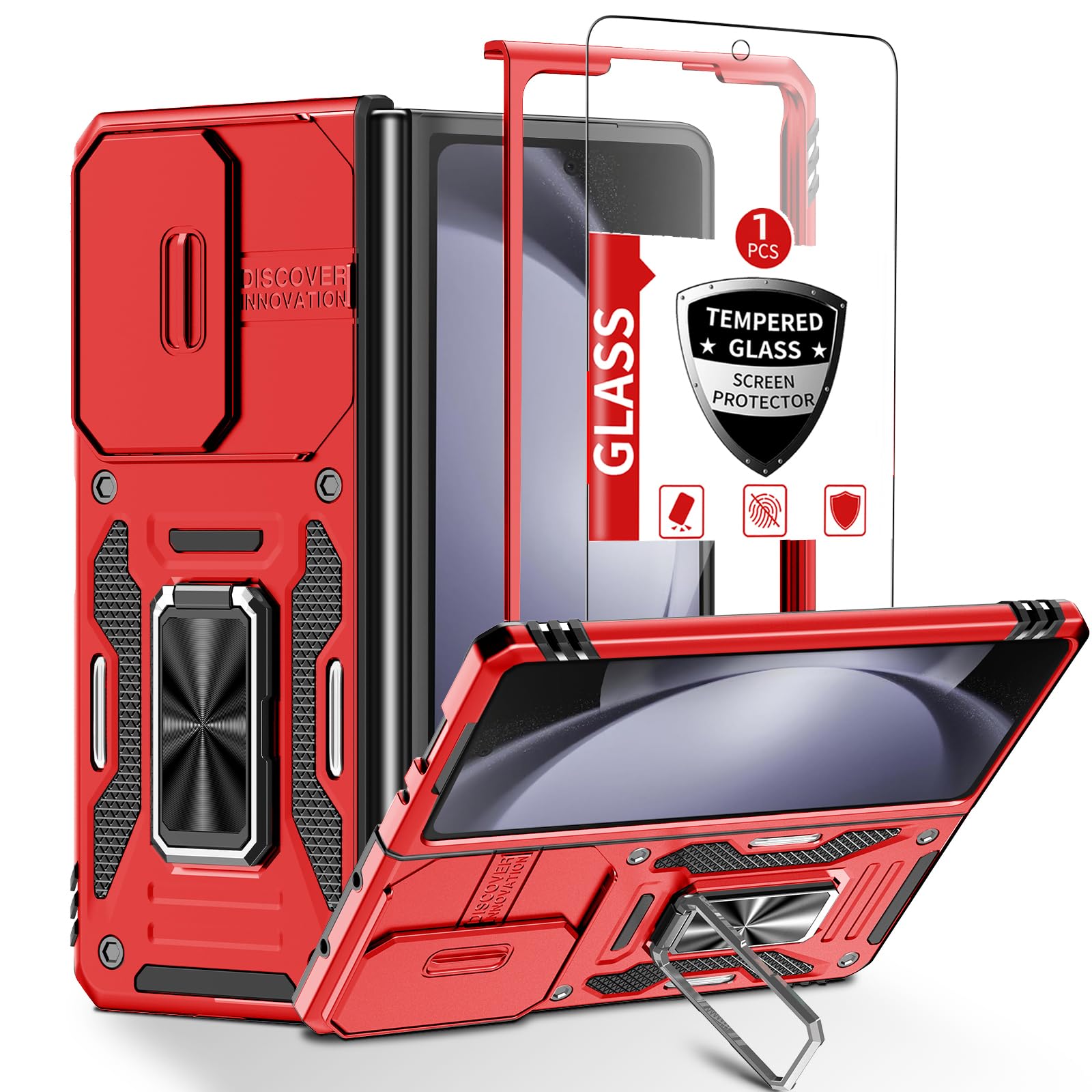Photo 1 of FRLMOOES for Samsung Galaxy Z Fold 5 Case with Screen Protector,Built-in Slide Camera Cover+360°Stand Ring for Z Fold 5 Case Shockproof Anti-Scratch Military-Grade Drop Heavy Duty Protection Red