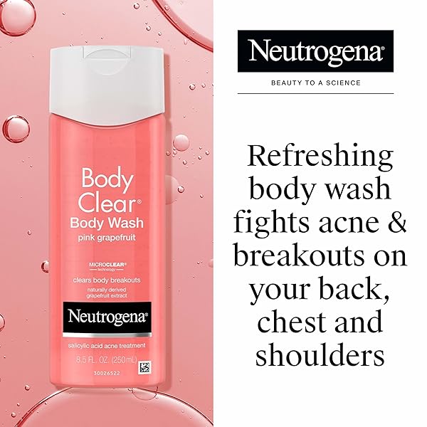 NEUTROGENA BODY CLEAR ACNE BODY WASH PINK GRAPEFRUIT – SALICYLIC ACID FORMULA FOR BREAKOUT TREATMENT, EXFOLIATING CLEANSER FOR CLEAR SKIN, 8.5 FL. OZ. BOTTLE, 3-PACK
