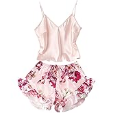 OYOANGLE Women's 2 Piece Satin Pajama Set Silk Cute Camisole and Floral Ruffle Hem Shorts Pjs Sleepwear Loungewear