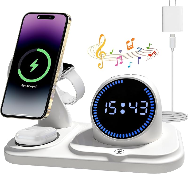 6 en 1 Cargador inalámbrico para iPhone con Altavoz Bluetooth, estación de Carga rápida para iPhone 17/16/15/14/13/12/11/Pro/Max/Plus, para Apple Watch y AirPods — foto 1 de 7