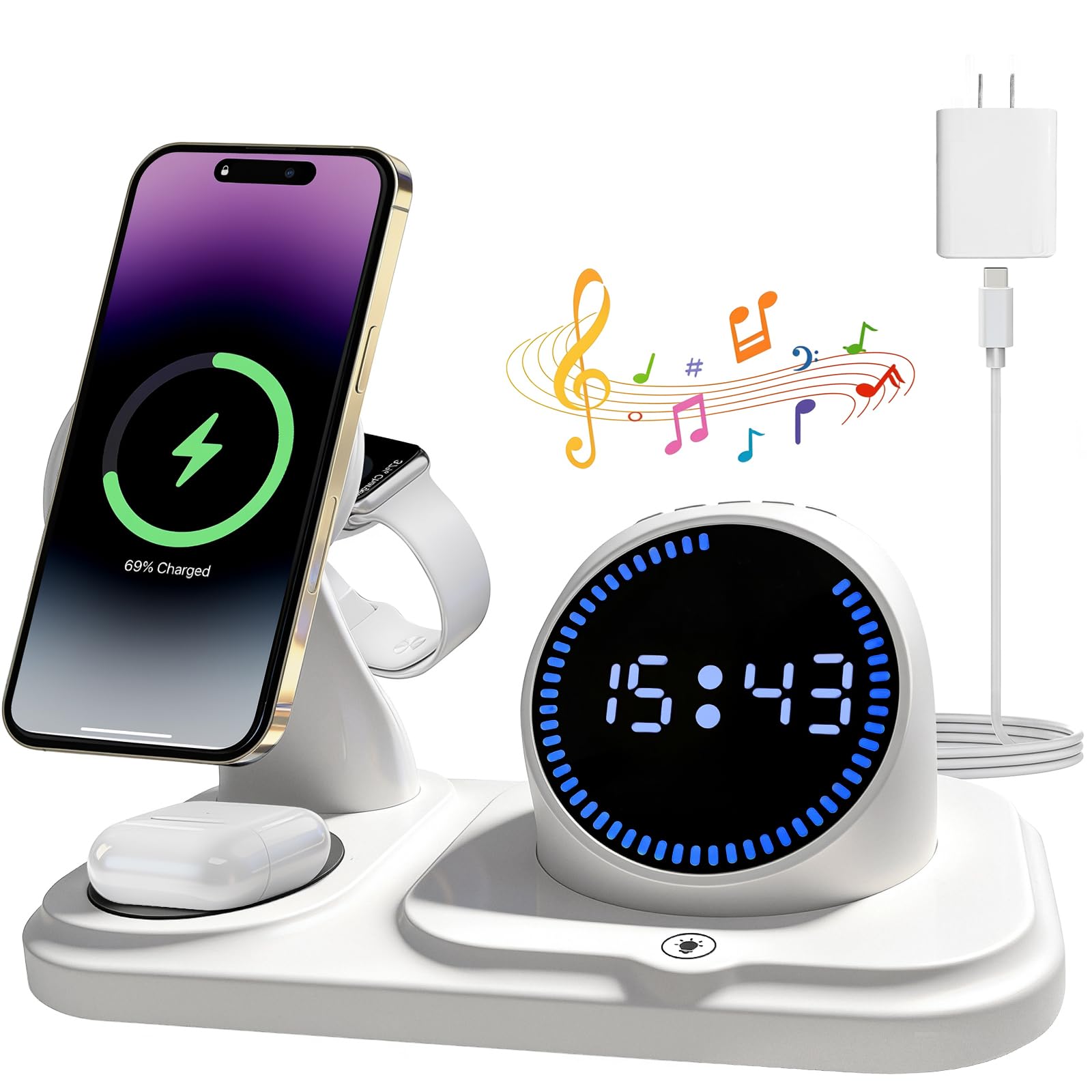 6 in 1 Wireless Charging Station with Bluetooth Speaker Fuction, Charging Stand for Multiple Devices for Apple iPhone 17 16 15 14 13 12 Pro Max Apple Watch Airpods, Digital Clock and Ambient Lights