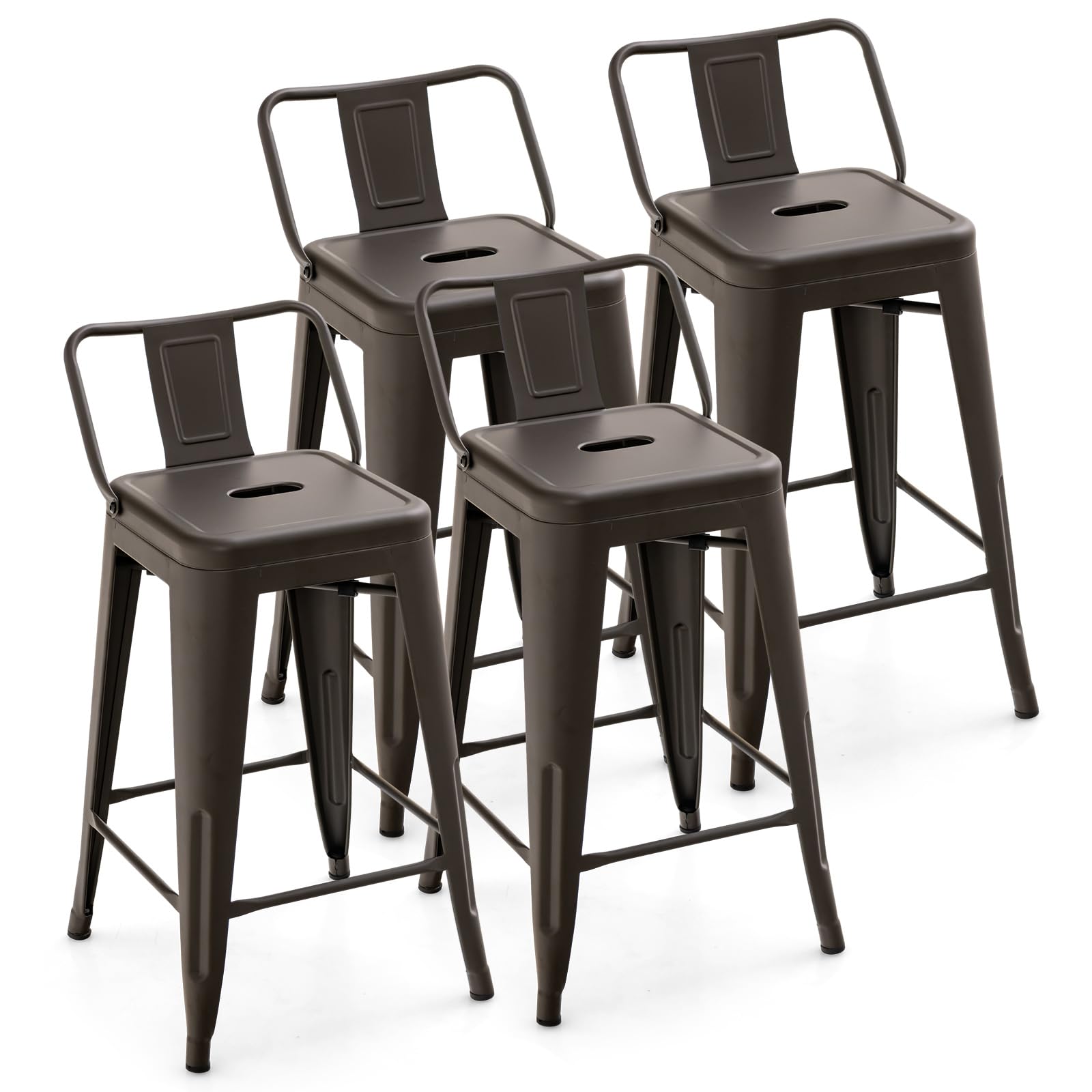 COSTWAY Metal Bar Stools Set of 4, with Removable Back, 24'' Counter Height Stools with Rubber Feet, Stylish and Modern Chairs, for Kitchen, Dining Rooms, and Side Bar (Gun, 24'') Image
