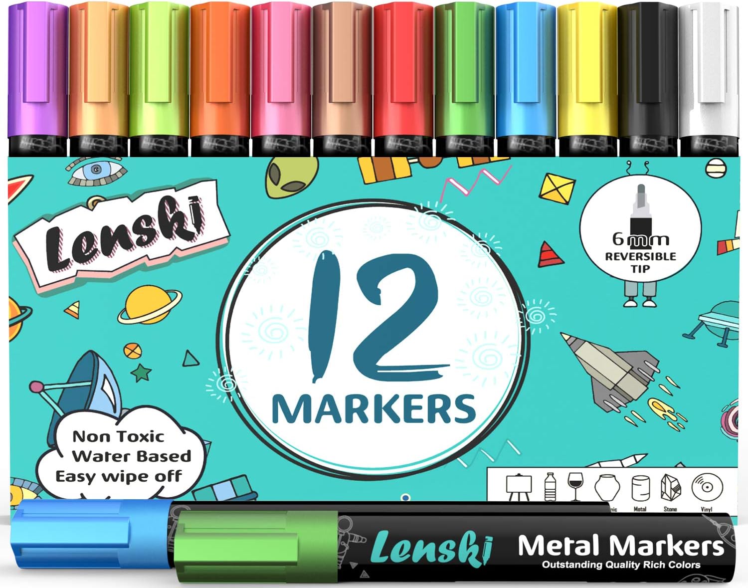 Lenski 12 Chalk Pens for Blackboards, 6mm Liquid Chalk Marker, Best Gift for Kids Chalk Pen for Glass Windows Mirrors