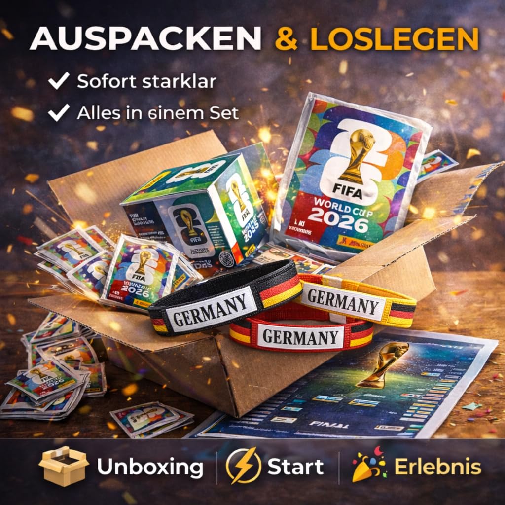 XXL Fan Starterset WM 2026 – Original Panini Sticker Album, Extra 1x Spielplan & Deutschland Blumenkette (10 Tüten / 70 Sticker Set) Eigenmarkenbundle 4