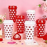Whaline 12 Pack 16Oz Valentine' s Day Reusable Coffee Cups with Lids Plastic Tumbler Red White Heart Coffee Travel Mug for Wedding Anniversary Party Supplies Hot Cold Drinks