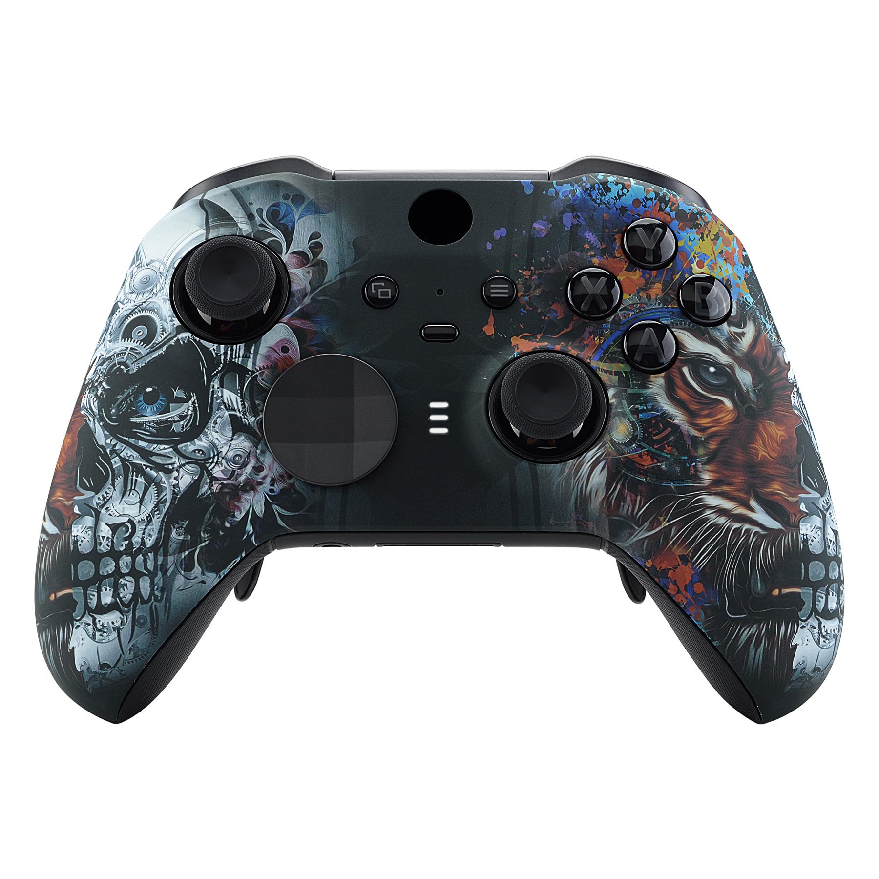 eXtremeRate Tiger Skull Patterned Faceplate Cover, Soft Touch Front Housing Shell Case Replacement Kit for Xbox One Elite Series 2 Controller Model 1797 - Accent Rings Included