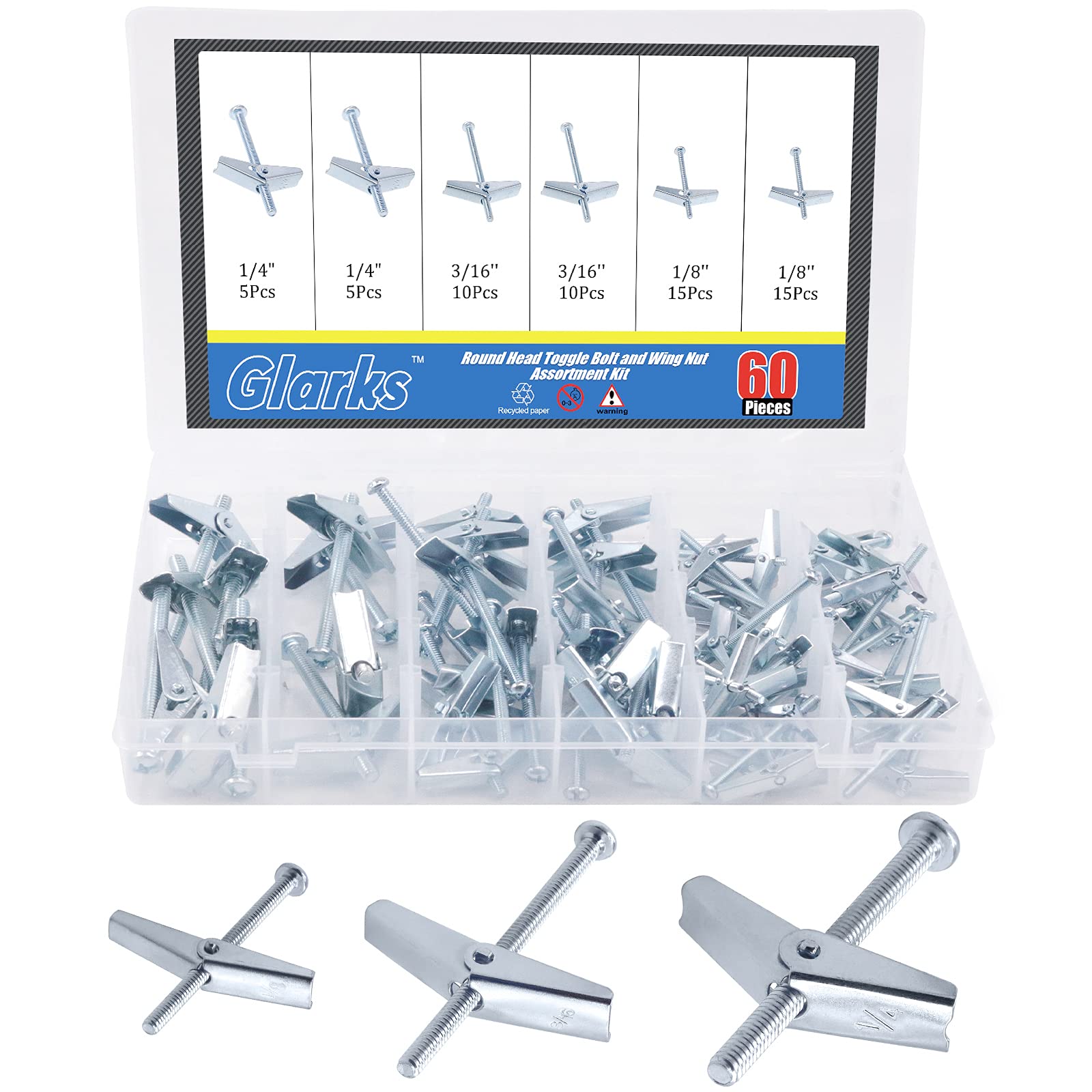 Glarks 60Pcs 1/8'', 3/16'', 1/4'' inch Zinc Plated Steel Round Head Toggle Bolt and Wing Nut Assortment Kit for Hanging Heavy Items on Drywall