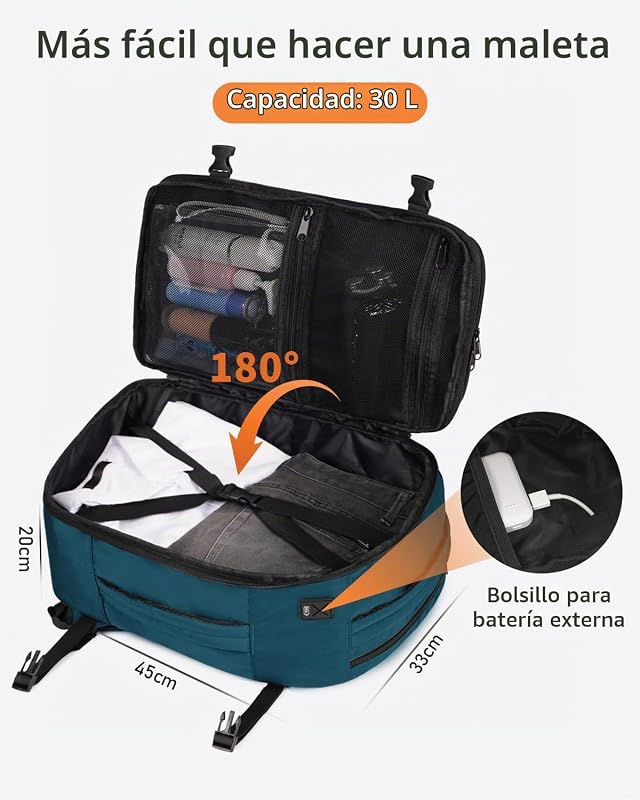 Mochila de 30L 45x36x20 Easyjet, mochila de viagem com avião de cabine com 13 bolísillos, mochila debaixo do assento, mala de viagem reciclada por PET para homens e mulheres, patenteada (azul, verde)