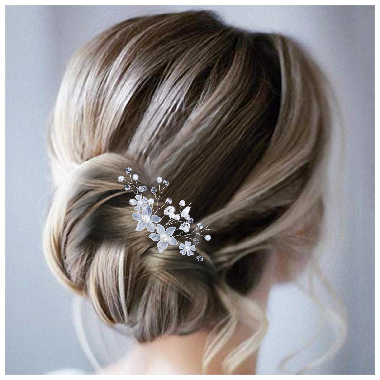 Allereya Crystal Pearl Wedding Hair Comb Barrette Rhinestone Pearl Flower Hair Comb Barrette Silver CZ Flower Bling Bridal French Pearl Head Comb Bride Hair Accessories for Women and Girls (Silver)