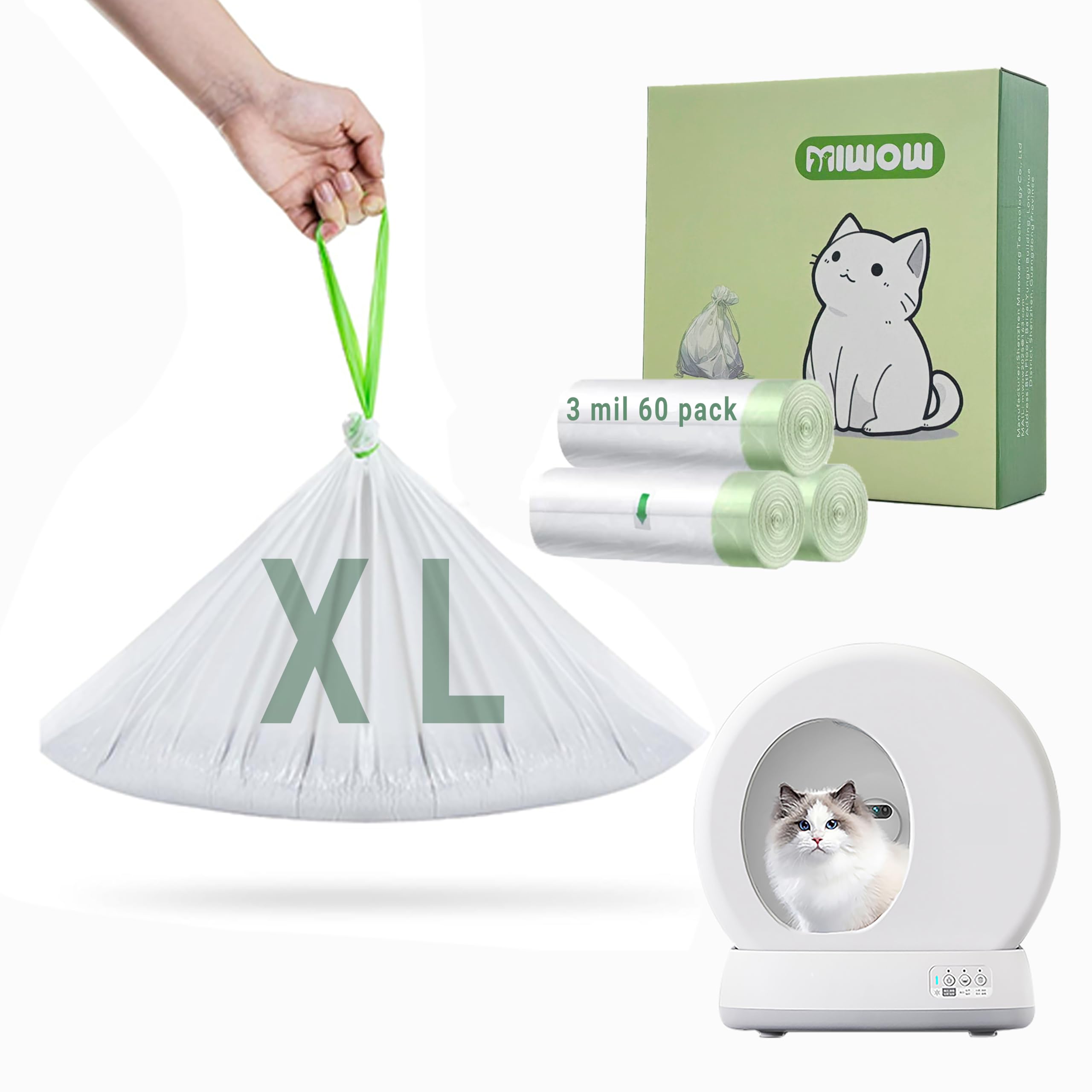 Photo 1 of 60 Count Miwow Cat Litter Box Liners for MeoWant MW-SC01?MW-SC02, Leak-Proof & Odor-Proof Litter Box Liners Replacement Waste Bags, Compatible for Meowant and More Automatic Litter Box (3 Rolls)