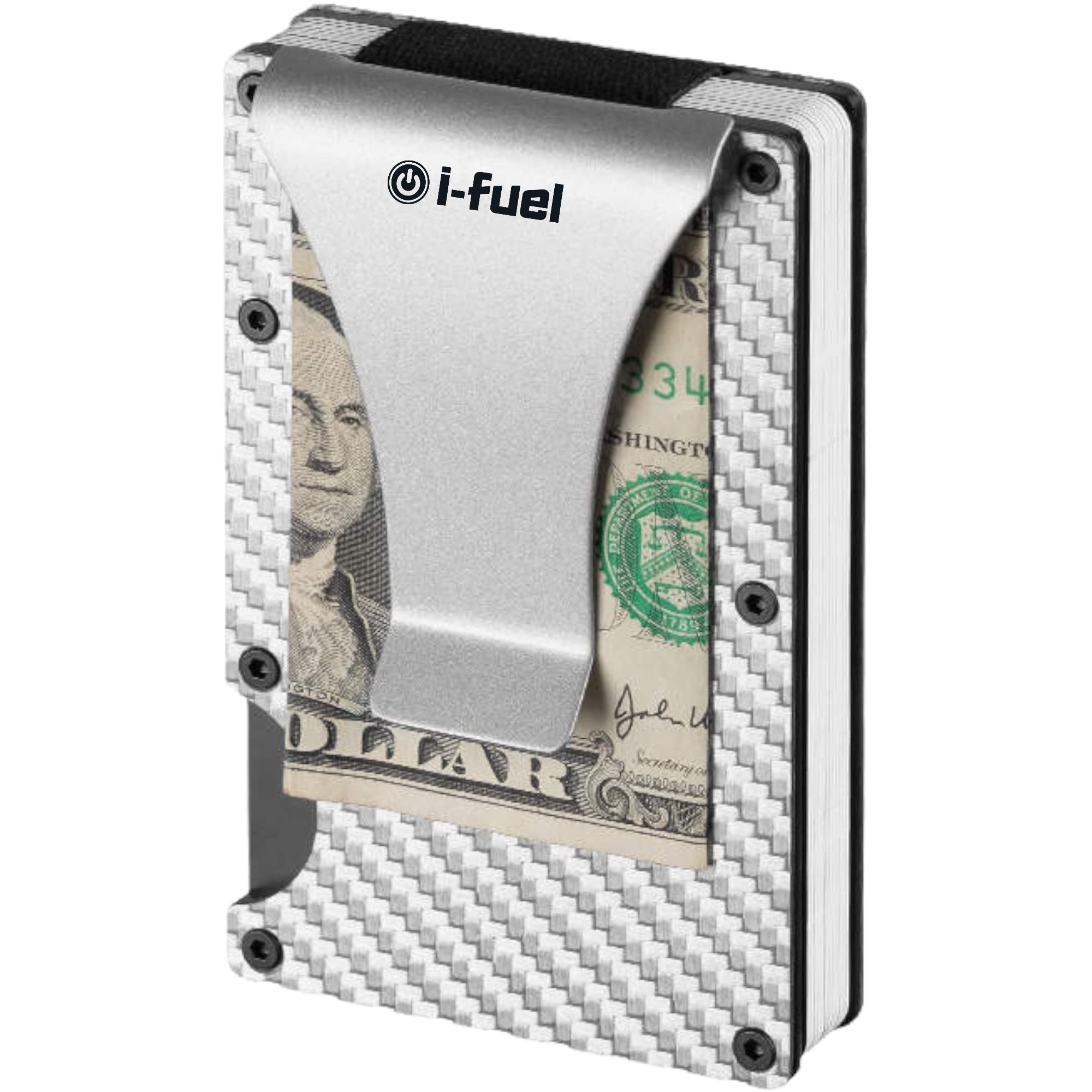 i-Fuel Credit Card Holder, RFID Blocking, Carbon Fibre Elastic Card Holder with Steel Money Clip. Wallet for Men Holds 1-20 Cards, Black or Silver (Silver)