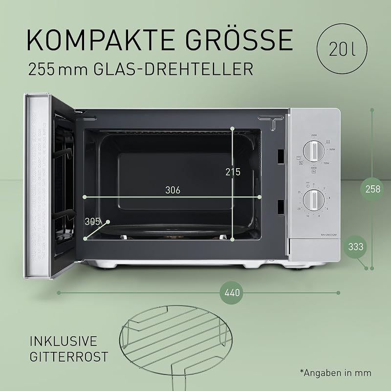 NN-GM23QMEPG 20L Grill-Mikrowelle mit Drehteller und Grillrost, 800 W, 1000 W Grill, Auftau-Funktion, einfache Bedienung durch Drehregler, Quick 30, Timer, Silber
