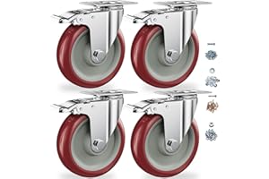 CLOATFET 5 Inch Heavy Duty Casters with Brake - Set of 4, 1400lbs Capacity, Double Ball Bearing Non-Marking Caster Wheels, Plate Mount for Furniture, Cart, Workbench, Tool Cabinet, Garage Storage (4 Pack)