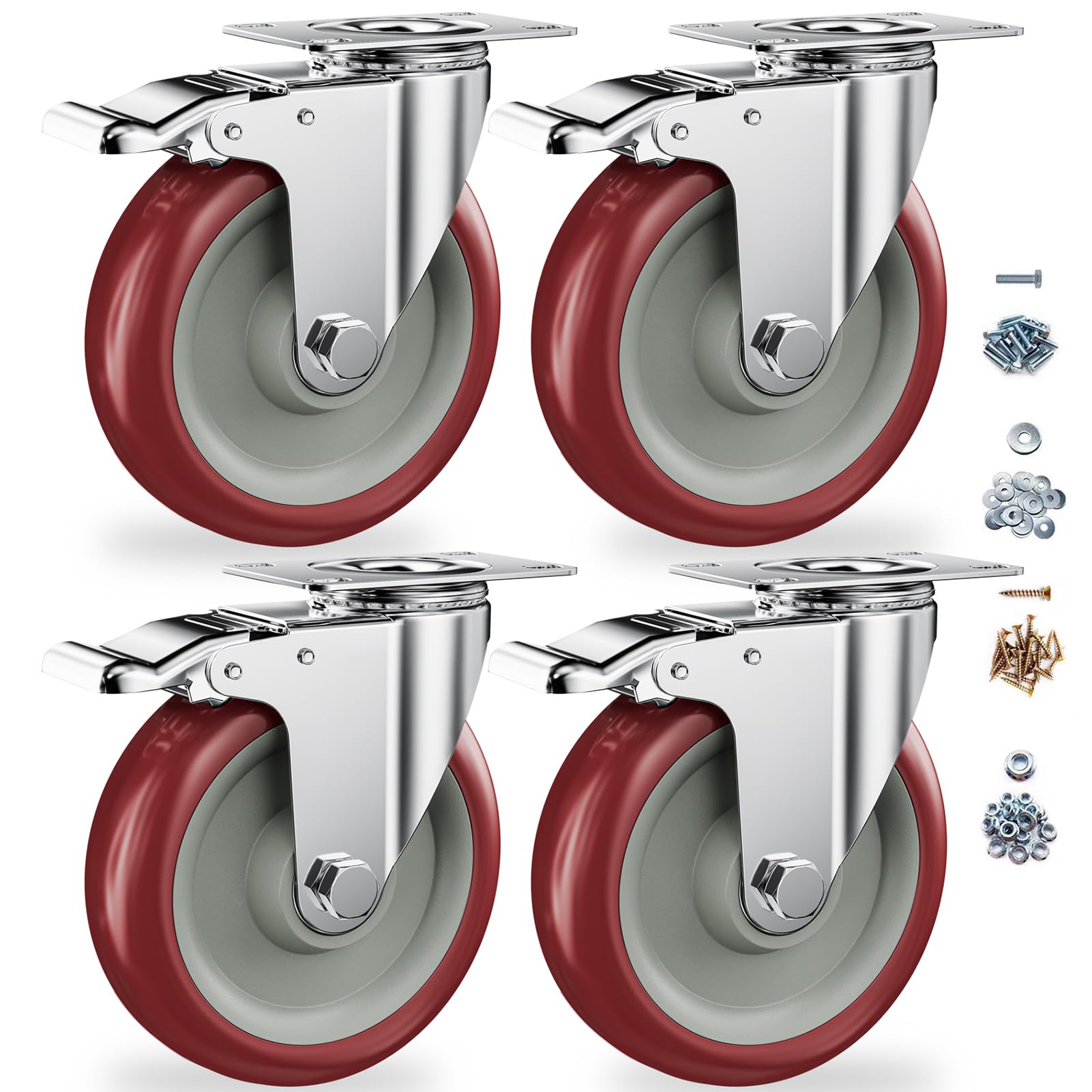 Photo 1 of 5 Inch Heavy Duty Casters with Brake - Set of 4, 1400lbs Capacity, Double Ball Bearing Non-Marking Caster Wheels, Plate Mount for Furniture, Cart, Workbench, Tool Cabinet, Garage Storage (4 Pack)