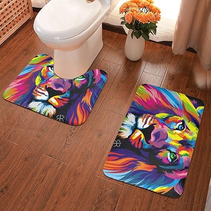 Badezimmerteppich-Set, bunt, Löwenmotiv, rutschfeste Badematten und