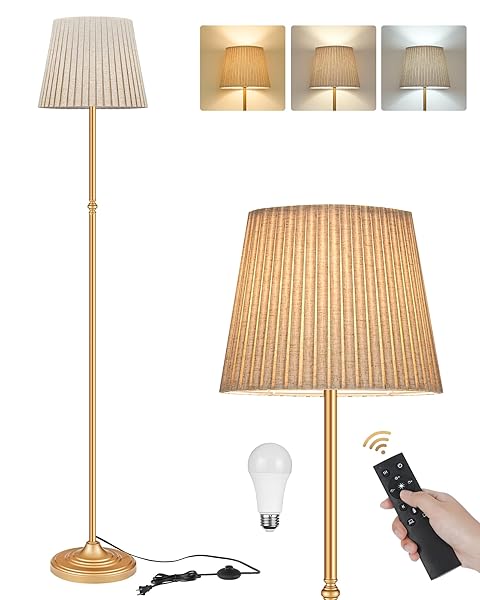 GOEBLESON DIMMABLE FLOOR LAMP FOR LIVING ROOM, 68″ TALL STANDING LAMP, READING LIGHT WITH REMOTE & FOOT PEDAL, 10W LED BULB (3000K-6500K) INCLUDED, FCC LISTED, REINFORCED BASE, GOLD AND BEIGE DE12LD05