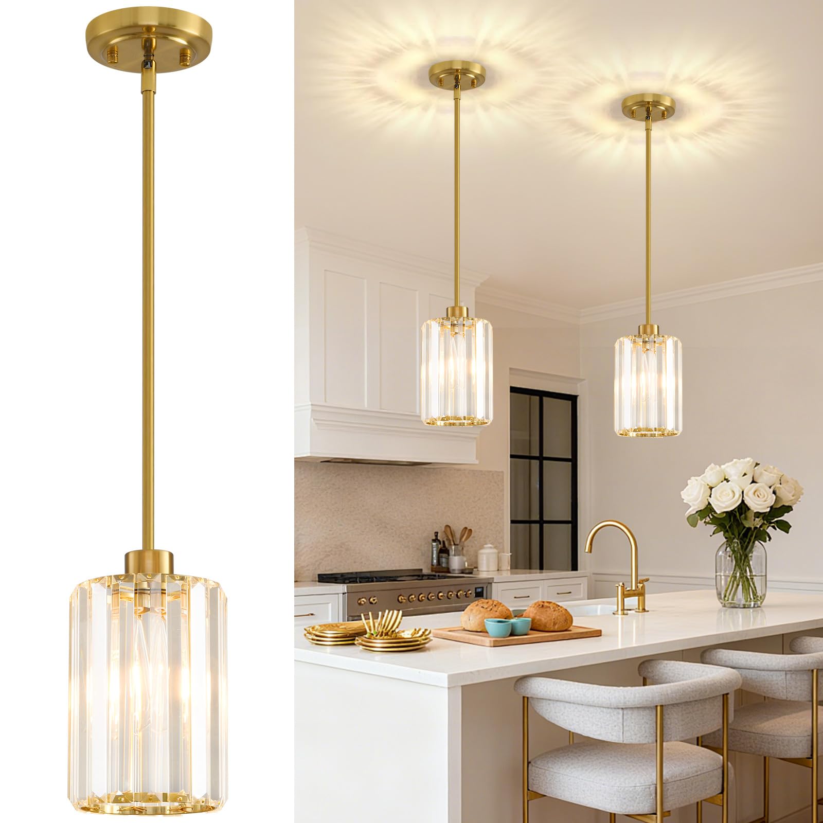 Photo 1 of 2 Pack Pendant Lights Kitchen Island, Modern Gold Pendant Light Fixtures, Mini Chandelier Crystal Kitchen Island Lighting, Hanging Pendant Lights Fixture for Kitchen Island Dining Room Hallway Foyer