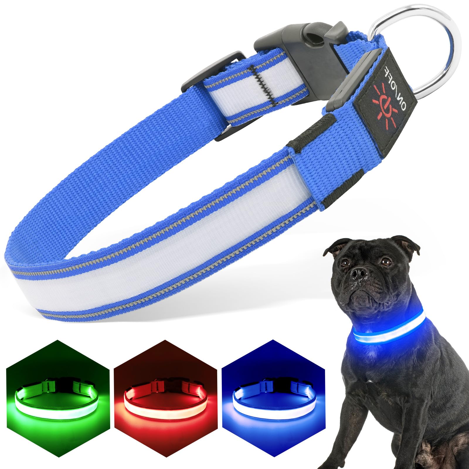 PZRLit Light Up Dog Collar Light Rechargeable, Fully Adjustable LED Dog Collar Waterproof, 3 Flashing Modes Glow Dark Dog Collars for Night Walking for Medium Large Dogs