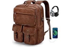 Laptop Backpack 15.6 Inch Vintage PU Leather Travel Backpack with USB Charging Port Water Resistant Backpack for Men Women
