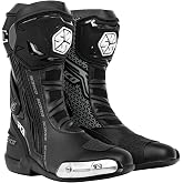 Scoyco CE Level 2 Racing Motorcycle Boots with TPU Shin Guard Ankle Support | Anti Slip Metal Toe Slider Microfiber Leather Ratchet Buckle Zipper Black White