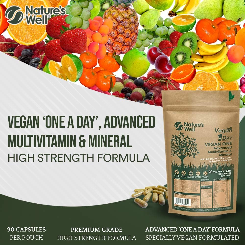 Vegan Multivitamins & Minerals with High Strength B12, D3 & K2, 90 Capsules, Halal & Kosher, Made in UK by Nature’s Well - Image 4