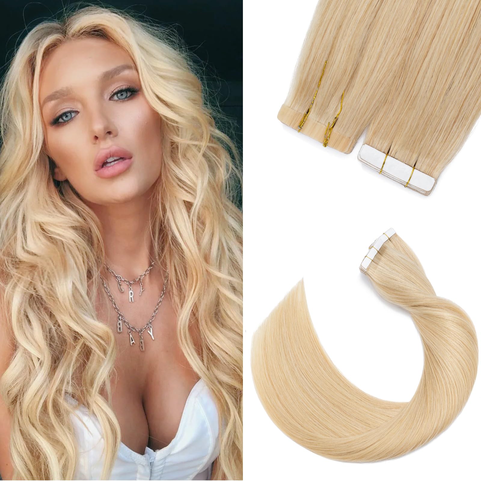 Tape in Hair Extensions 20 Pcs 20inch 100% Real Remy Human Hair -Skin Weft Hair Pieces 30g/Set #24 Natural Blonde — image 1