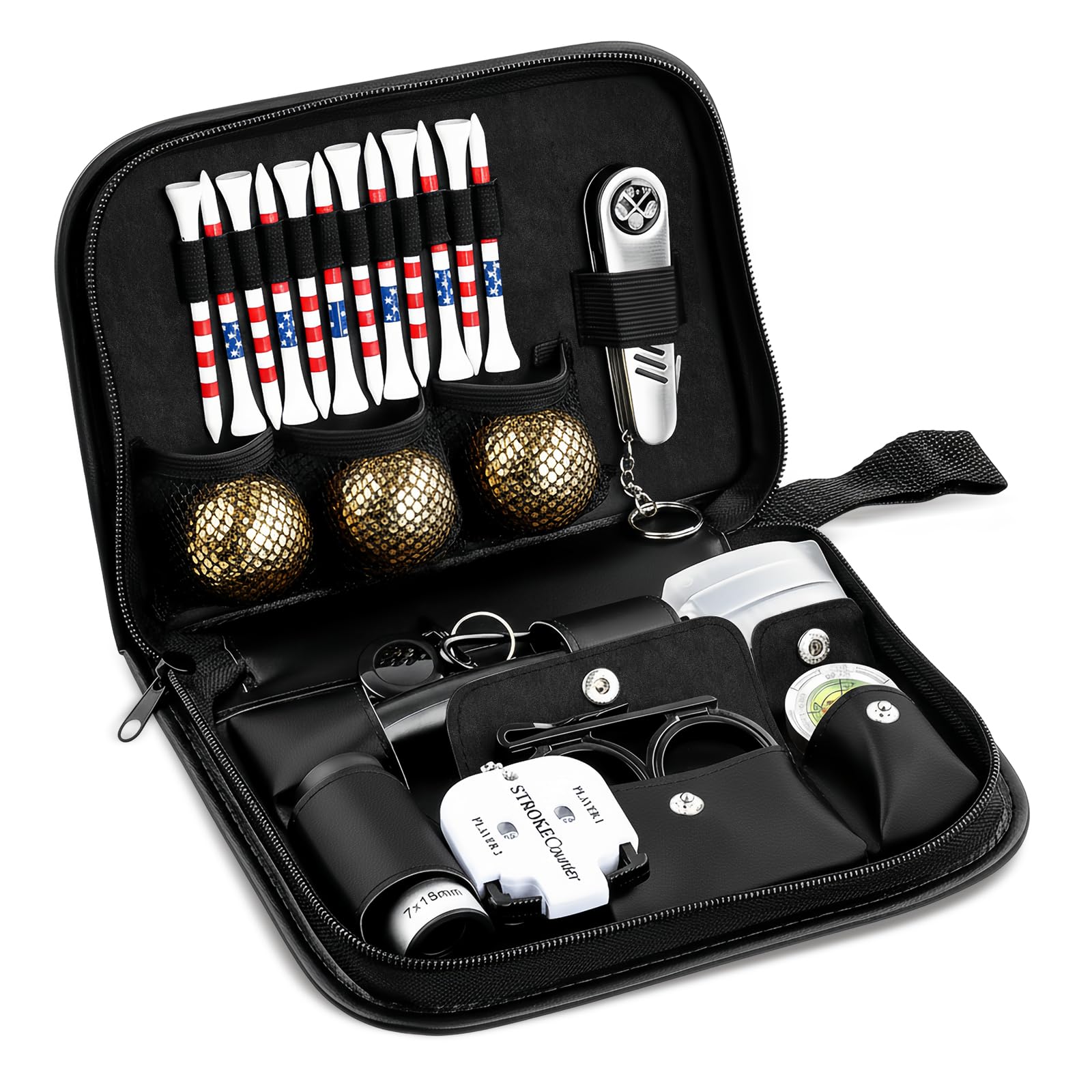 Photo 1 of Eclove Golf Gifts for Men and Women, Golf Accessories Set with Gold Golf Balls, Telescope, Golf Tees, Brush, Divot Tool, Golf Green Reader, Scorer, Golf Ball Clamp Golf Tool Set Storage Case (Black)