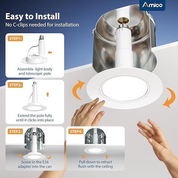 AMICO 5/6 INCH 5CCT LED RECESSED LIGHTING 6 PACK, 12W=100W, 950LM ADJUSTABLE CAN LIGHTS, 2700K/3000K/4000K/5000K/6000K SELECTABLE, DIMMABLE, IC & DAMP RATED, RETROFIT INSTALLATION – ETL & FCC