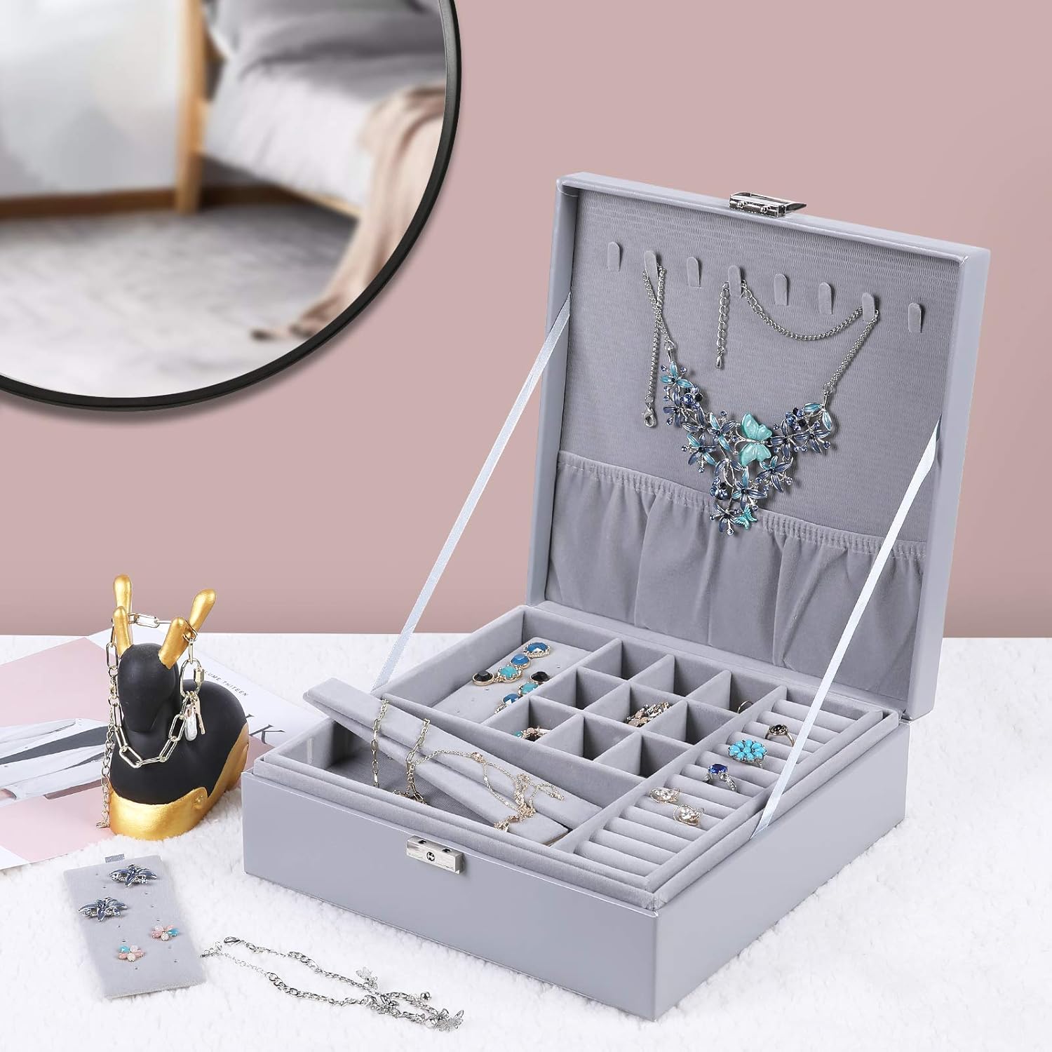 misaya Women Jewelry Box Organizer 2 Layer Large Lockable Display Jewelry Holder for Earring Ring Necklace, Gray: Home & Kitchen