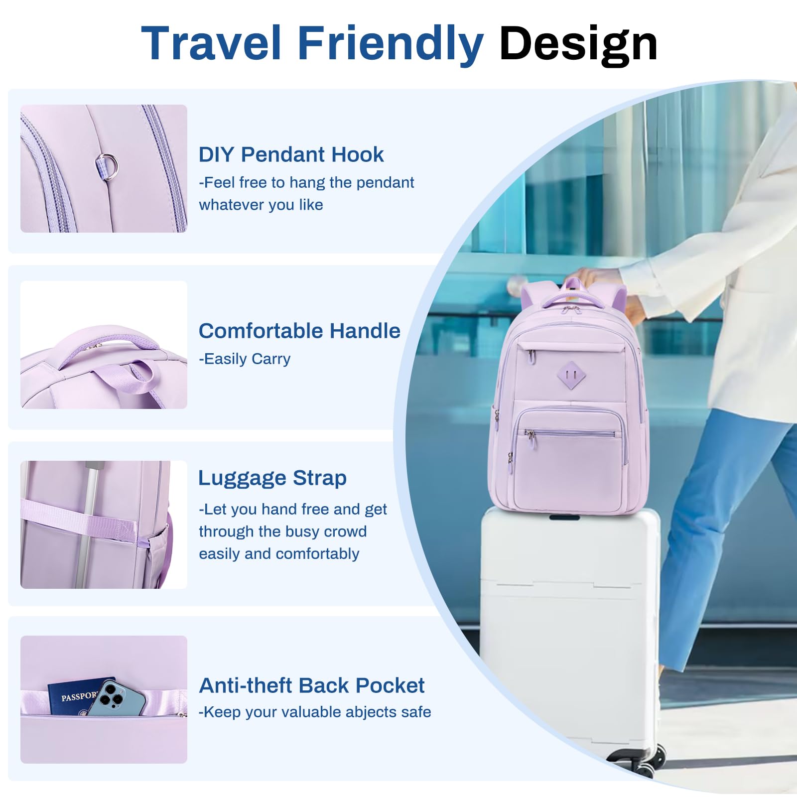 Sisipoet School Backpack for Girls, Lightweight Kids Bookbag Classic College Backpack for Teen Women with Luggage Strap, Age 8-18 Years Old, Purple