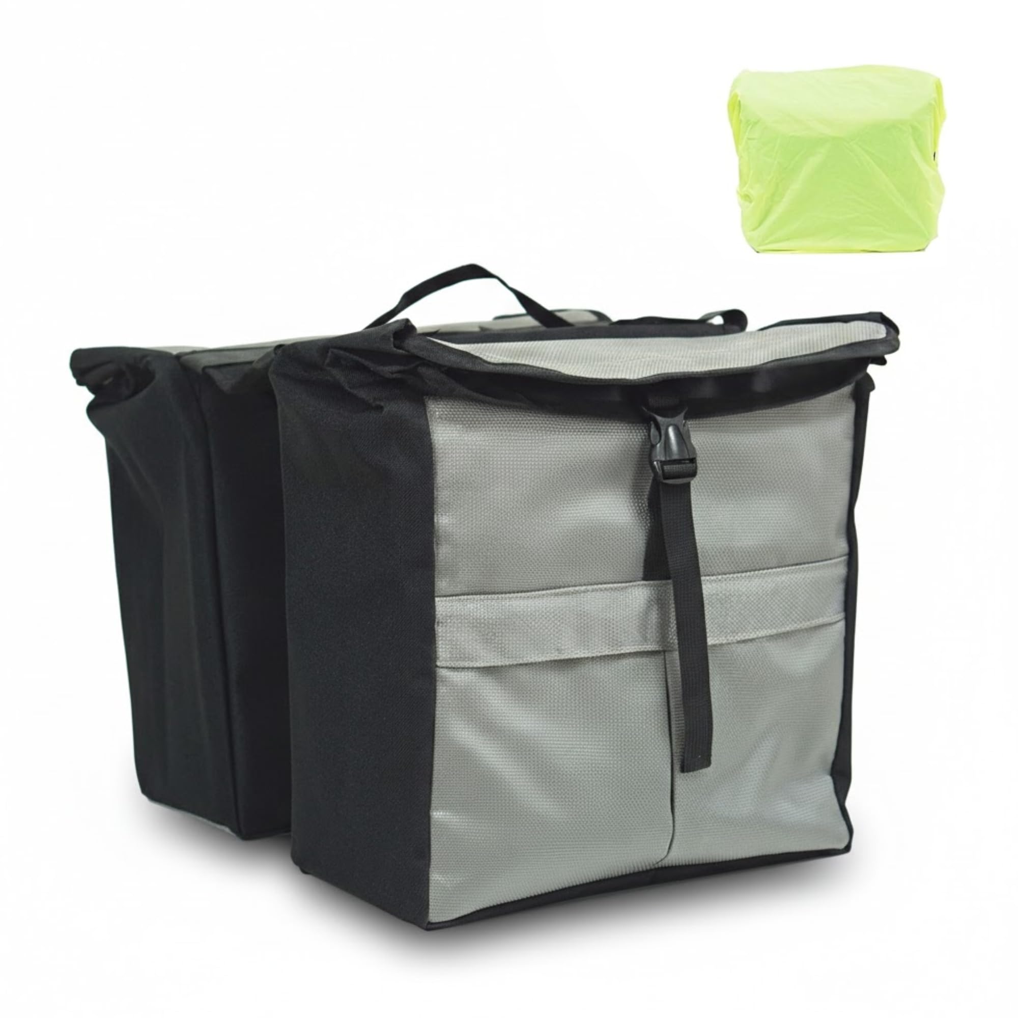 Vincita Top Load Double Pannier Water Resistant Cycling Side Bags - with Rain Cover, Large, Carrying Handle, Reflective Spots - - (Light Gray/Black)