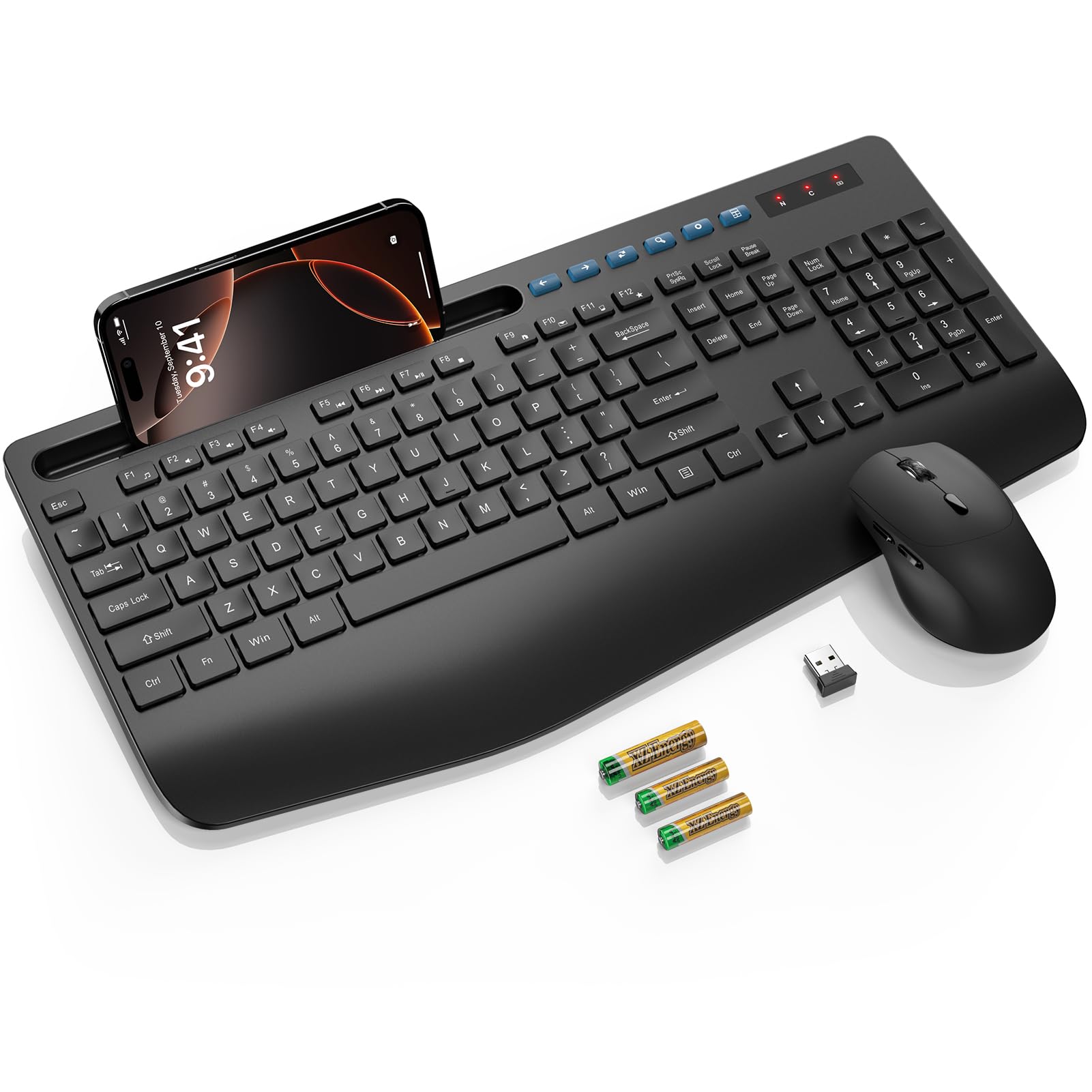 Photo 1 of SABLUTE Wireless Keyboard and Mouse, Wrist Rest, Phone Holder, Batteries Included, 2.4G Lag-Free Ergonomic Keyboards Mouse Combo, Silent Keyboard Cordless Set for Computer, Laptop, PC, Mac, Windows